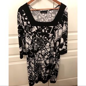 2X Ashley Stewart Black White Geometric Graphic Print Dress 3/4 Sleeves